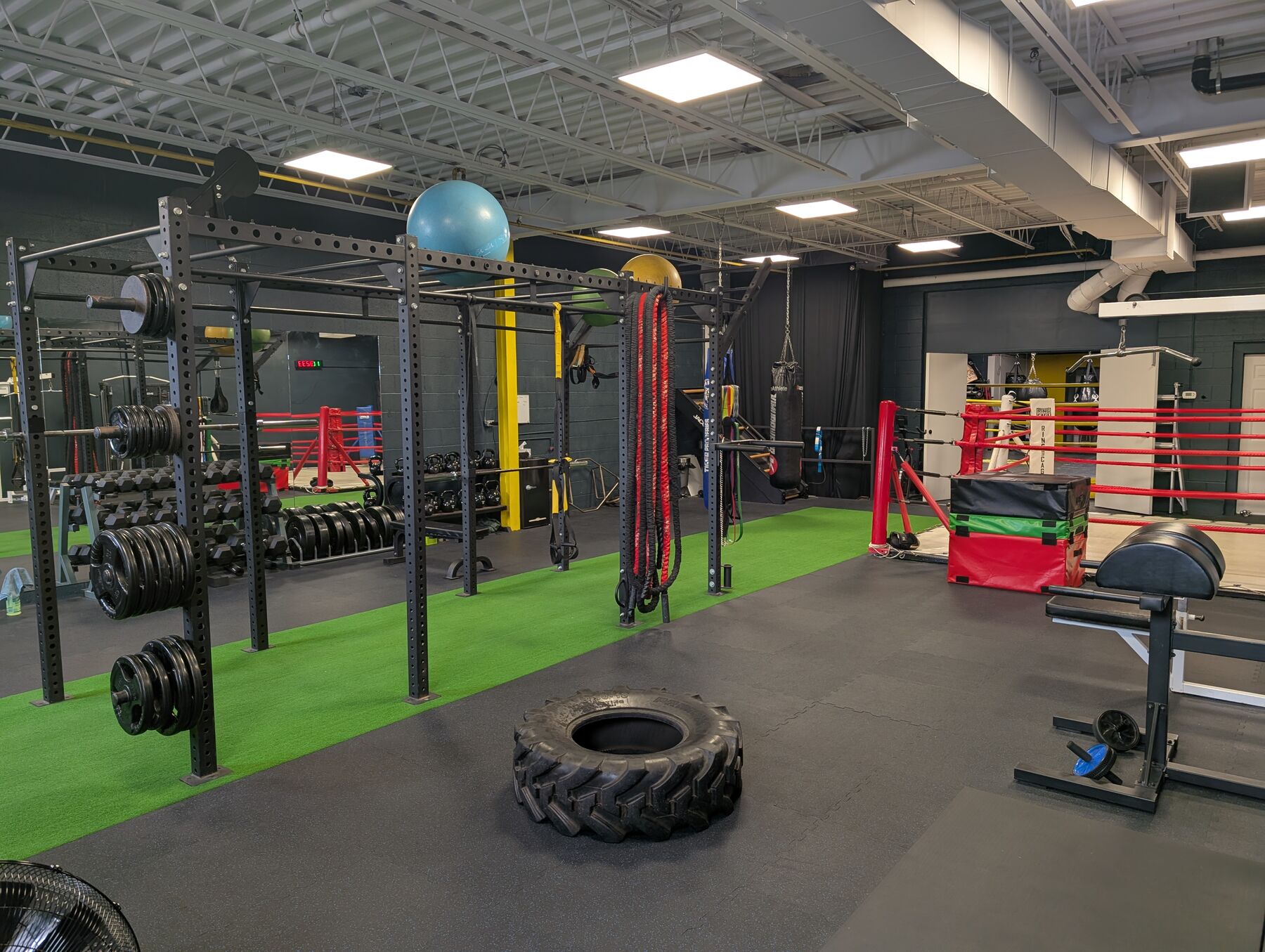 Functional training turf with rig, tire and medicine balls