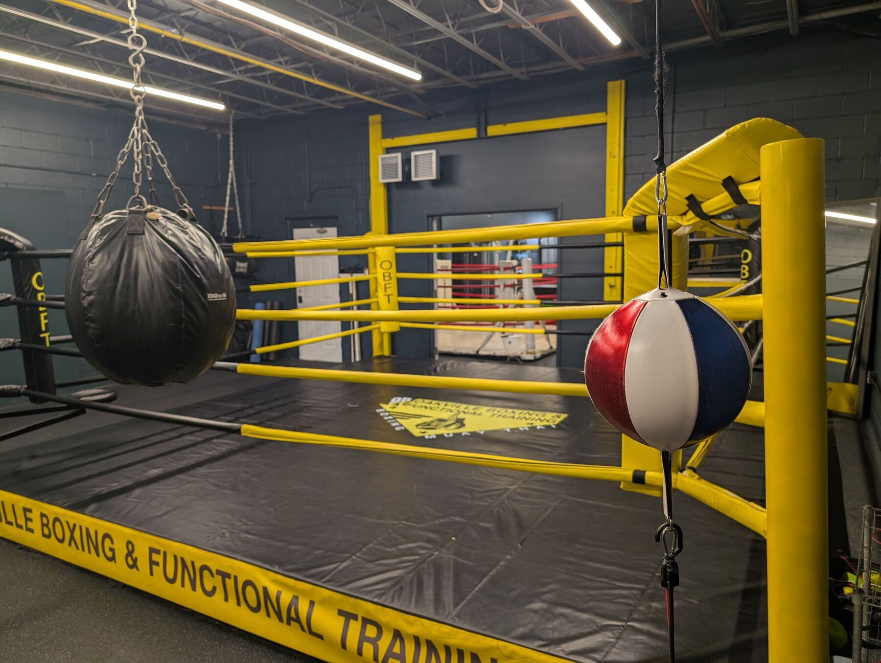 Boxing ring corner with speed bag at OBFT in Oakville